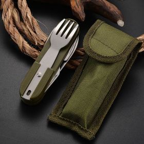 7 In 1 Multifunctional Outdoor Tableware Stainless Steel Foldable Fork Spoon Knife Picnic Camping Hiking Travelling Dinnerware (Color: Green, Ships From: Spain)